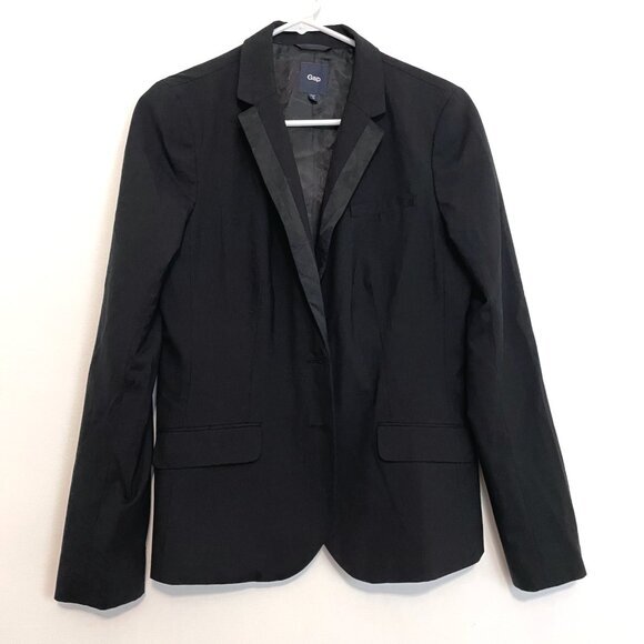 GAP Solid Black w Black Satin Lapel Tuxedo Style Preppy WOOL Blend Blazer Jacket - Picture 1 of 16